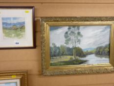 Framed ink and watercolour study - African scene and a gilt framed oil on board - river with