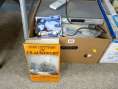 Two boxes containing a quantity of books including poetry, small quantity of DVDs, DVD player etc