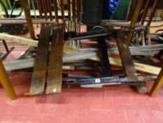 Quantity of long handled garden tools, Black & Decker workbench etc