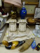 Two table lamps, quantity of treen duck ornaments and two pairs of stoneware classical style wall