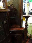Mahogany glazed top corner cupboard, a mahogany carved standard lamp E/T, a floral upholstered