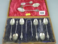 Cased set of six silver teaspoons and sugar tongs having uniformed soldier handles (one damaged)