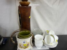 Contemporary table lamp with shade, mixed china and teaware and glass trifle bowls