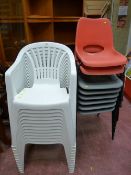 Quantity of white plastic garden chairs and a quantity of hard plastic stacking chairs