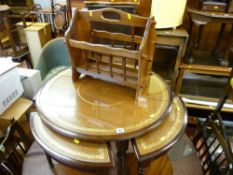 Circular leather tooled top nest of five tables and a magazine rack