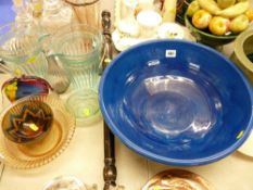 Large blue glazed Brannam Barum bowl, two lemonade jugs, quantity of glassware, pottery etc