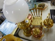 Two copper kettles, a brass decorative rocking chair, oil lamp etc