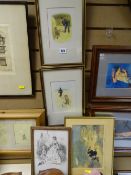 Pair of vintage comic prints and similar including a Giles framed print etc