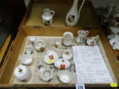 Wooden case containing W H Goss crested china