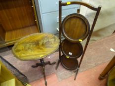 Mahogany three shelf cakestand and an oval piecrust tripod table
