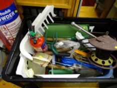 Crate of garden and other small hand tools and two fire extinguishers