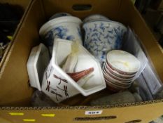 Selection of pottery planters, Chinese soup bowls and spoons etc