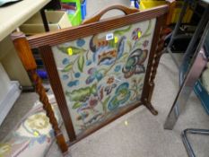 Oak framed needlework firescreen with barley twist supports