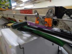 Aluminium extending ladder, garden folding knee rest/stool and a bundle of long handled garden