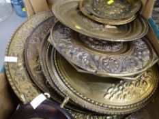 Parcel of brass chargers, barometer etc