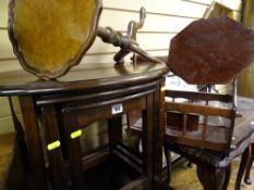 Polished wooden nest of three tables, two small wine tables and a magazine rack