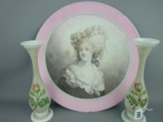 Pair of milk glass vases (damage) and a hand painted pink wall charger with a portrait study of a