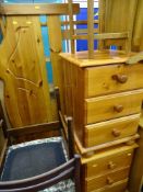 Pair of modern pine three drawer bedside chest and a 4ft 6ins pine headboard