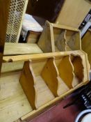 Two wall hanging pine corner display shelves