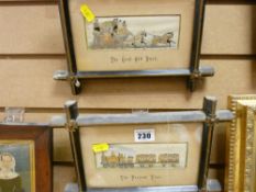 Two framed silks by THOMAS STEVENS titled 'The Present Time' and 'The Good Old Days'