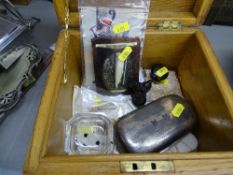 Hinged wooden box with contents of mixed collectables