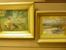 E S EDGBILL naive mixed media study - young girl with cat and toys, signed and dated 1905 along with