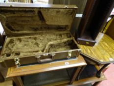 Oak octagonal topped table with ball and claw feet, musical instrument carry case and a mahogany