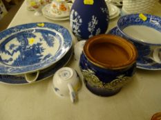 Burslem 'Auld Lang Syne' cup and saucer set, other blue and white china, Doulton Lambeth pot etc
