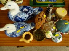 Two ornamental blue and white porcelain ducks and other decorative china and cloisonne items etc
