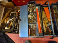 Cantilever toolbox and contents and a small suitcase with screwdrivers, saws, hammer, tools etc