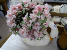 Large pottery swan planter with artificial floral contents