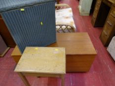 Lloyd loom style linen basket, scumble painted side table and a modern mahogany effect blanket
