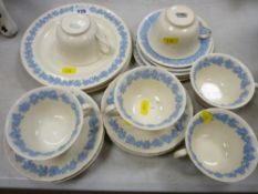 Quantity of Wedgwood embossed Queen's ware and three ceramic storage jars