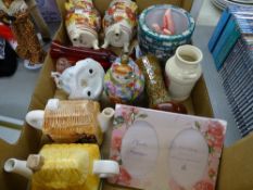 Pair of Satsuma vases with covers, three ruby glass vases etc