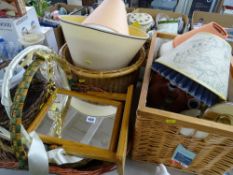 Selection of decorative table lamps, lampshades and various basket ware etc