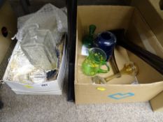 Vintage decanter and stopper, selection of decorative glass vases etc