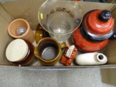 Box of stoneware jars, large gilt decorated vase etc