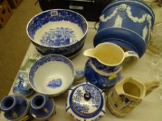 Wedgwood Jasperware planter and a Ferrara patterned fruit bowl along with other blue and white ware