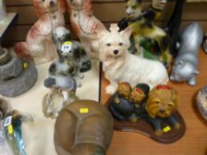 Two pairs of Staffs dogs, pair of plasterwork Alsatians and other cat and dog ornaments