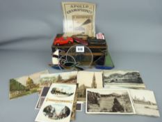 Vintage japanned cash tin of collectable items including vintage postcards