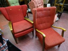 Two vintage moquette upholstered armchairs