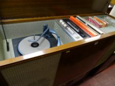 Mid Century Bush SRG106 radiogram with internal Monarch turntable, quantity of LP and 45rpm