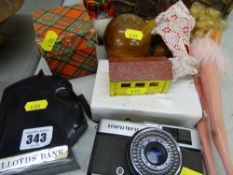 Parcel of mixed collectables including vintage Lloyds Bank moneybox, Olympus camera, child's doll