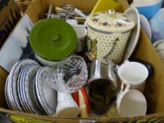 Mixed box of cutlery, kitchenware and china etc