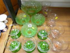 Vintage glass fruit set and a colourful quantity of sundae dishes