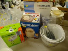 Quantity of boxed kitchen goods, selection of bowls, blender jug etc
