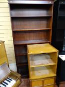 Modern mahogany effect bookshelf and a mid Century teak storage unit