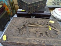 Carved wooden box, bakelite box etc