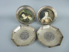 Two silver portrait frames and a pair of white metal pin dishes set with Mexican Republic coins with