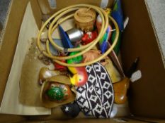 Box of mainly treen ware including hanging parrots etc